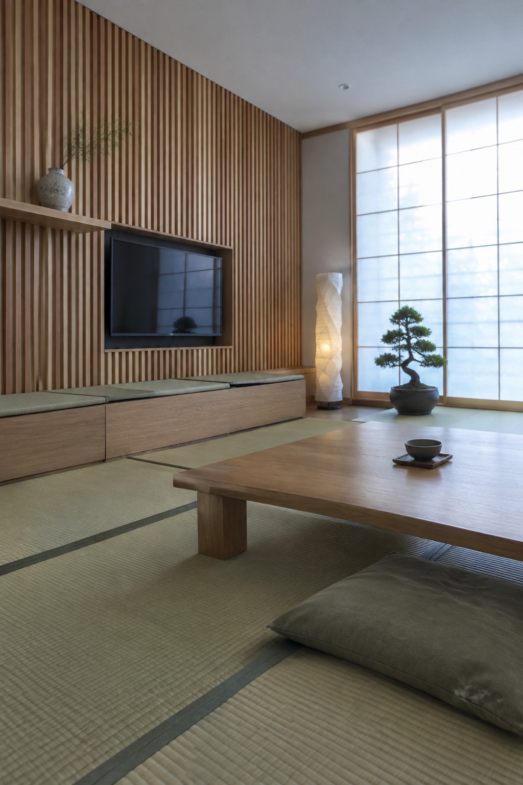 A television recessed into a wall of vertical wood slats above a low wooden storage unit with cushions, set on tatami mats in a Japanese-style room.
