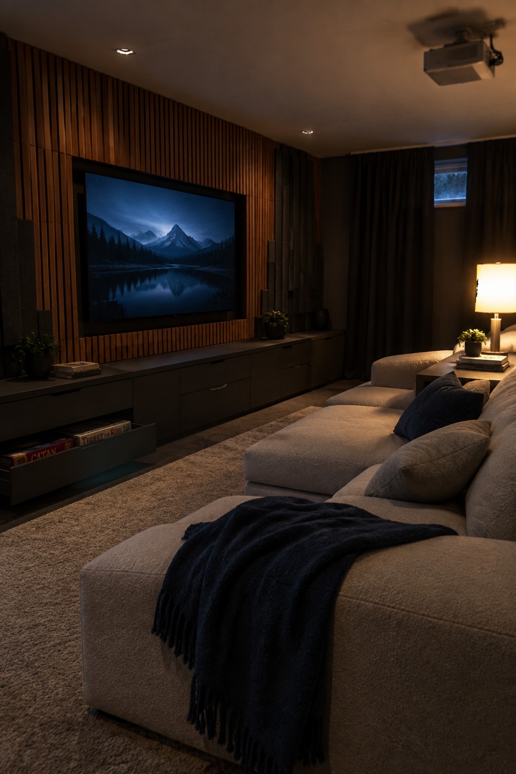 Cozy living room with gray sectional sofa, blue throw, and mountain TV on wood wall