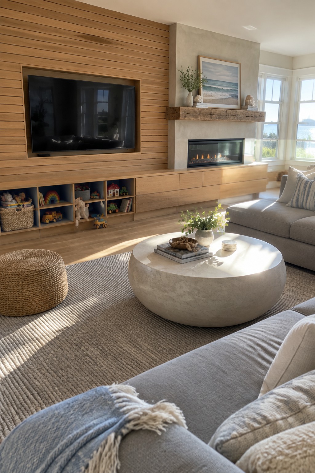 A living room featuring a flat-screen TV mounted on a horizontal wood slat wall above open storage cubbies filled with toys, next to a modern fireplace with a wooden mantel.
