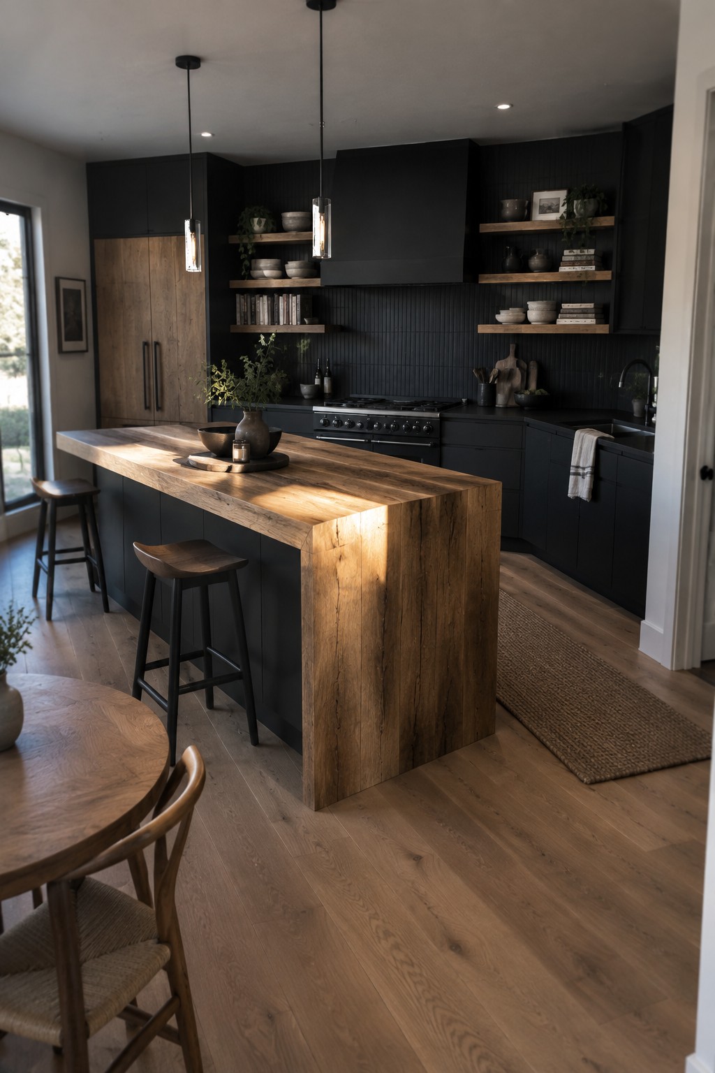 A kitchen with black cabinets and a large wooden island, two wooden stools, and floating wooden shelves on the wall.