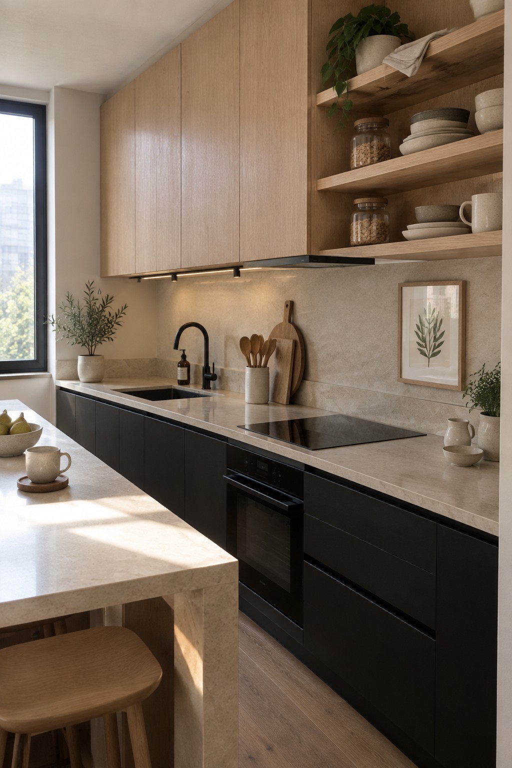 Modern kitchen with light wood cabinets, black lowers, marble counters, and open shelves