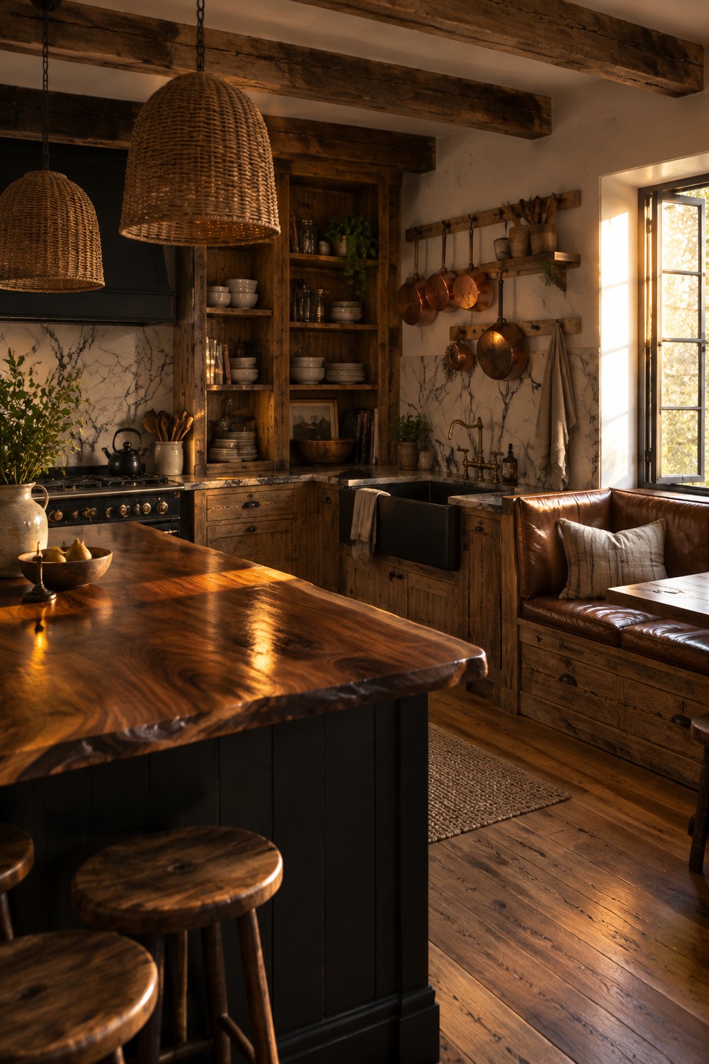 Rustic kitchen with wooden island, woven pendants, copper pots, and leather banquette.