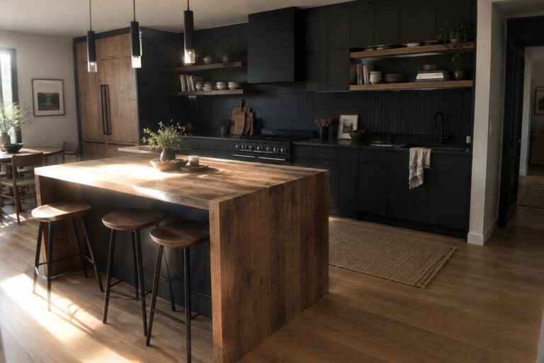 A kitchen with black cabinets and a large wooden island, two wooden stools, and floating wooden shelves on the wall.