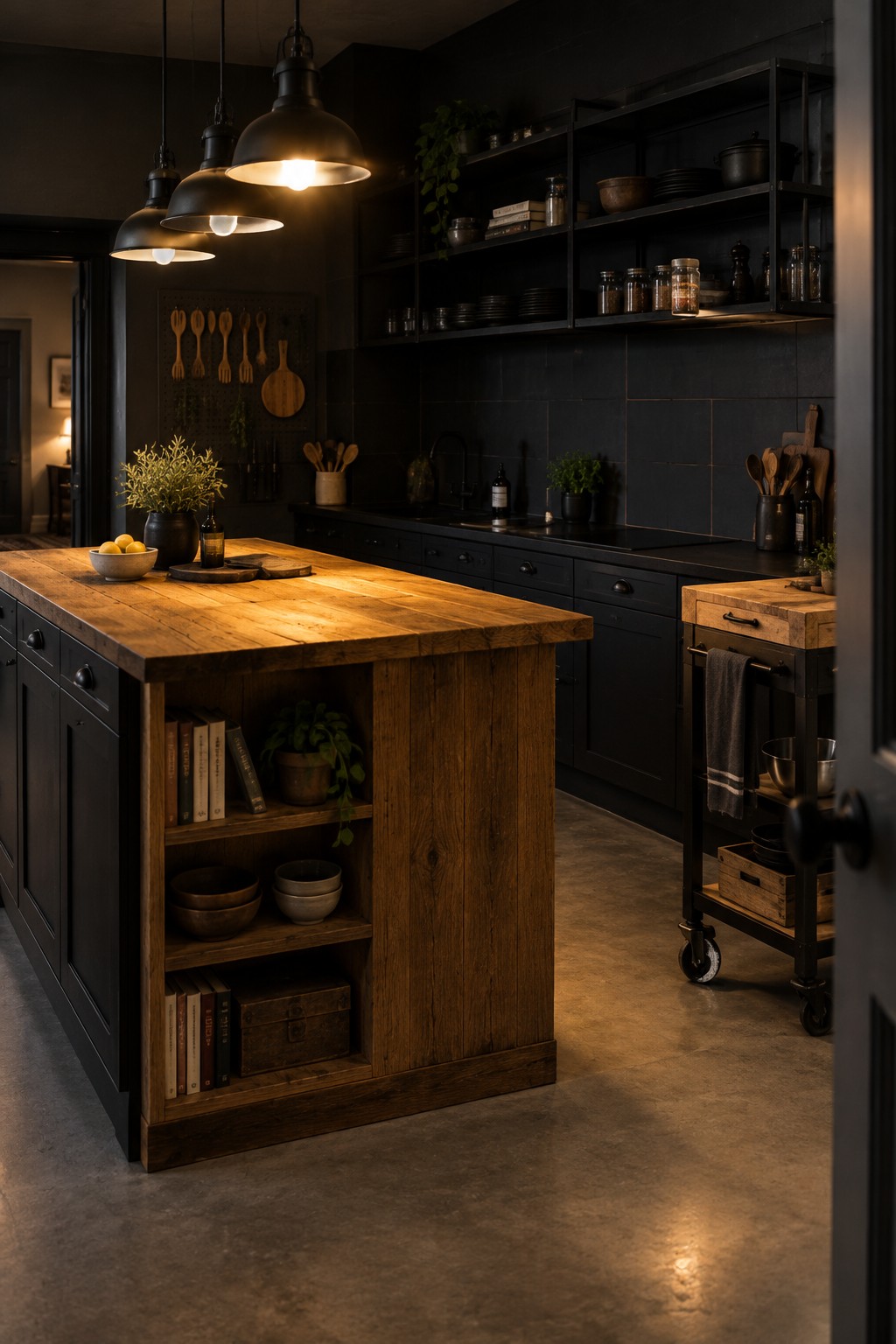 A kitchen interior with black cabinets and walls, a large wooden island with open shelving holding books and bowls, and black open shelves above the counter.