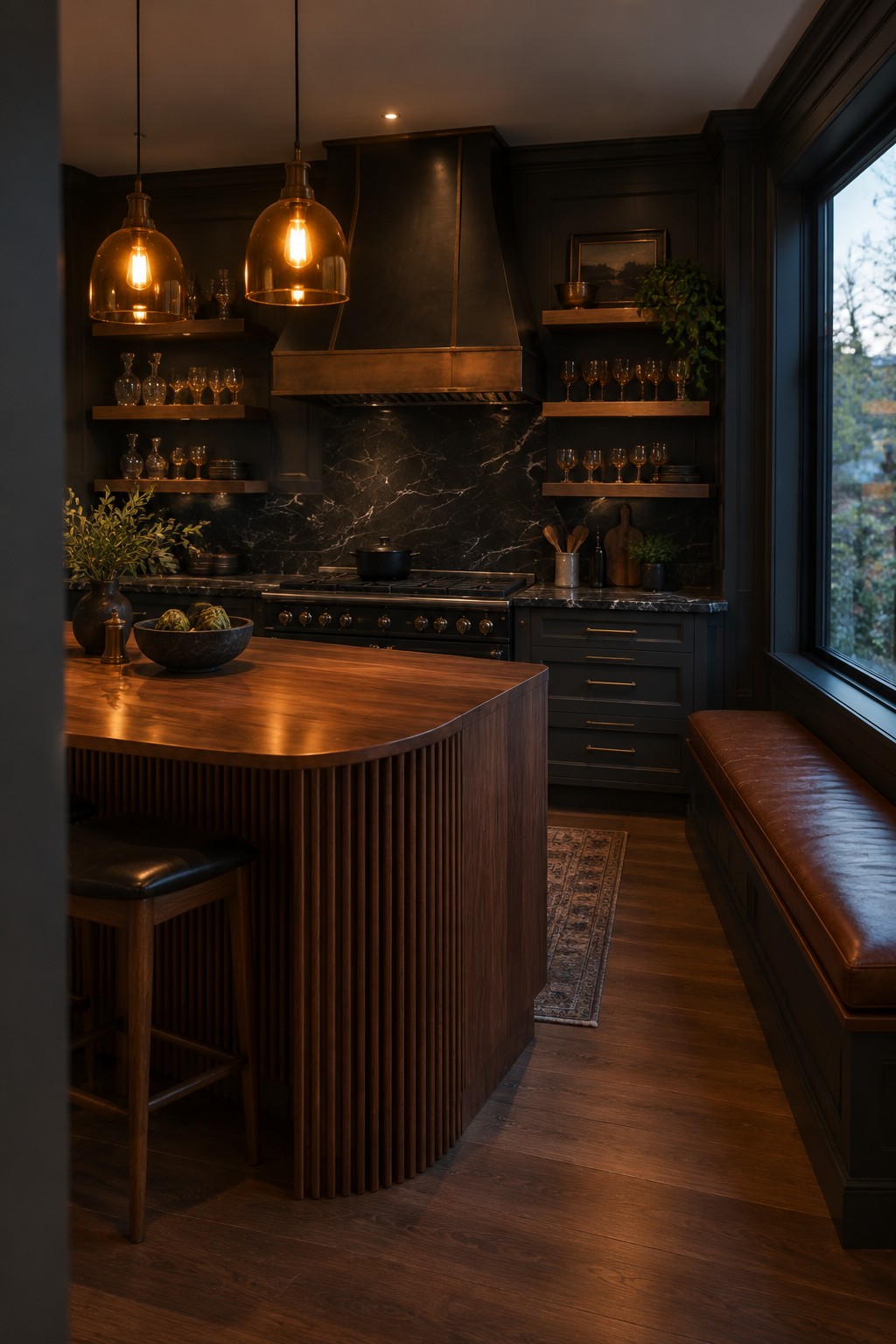 A dark kitchen with black cabinets, a large curved wood island with vertical slats, a black range hood, and two glowing pendant lights above the island.