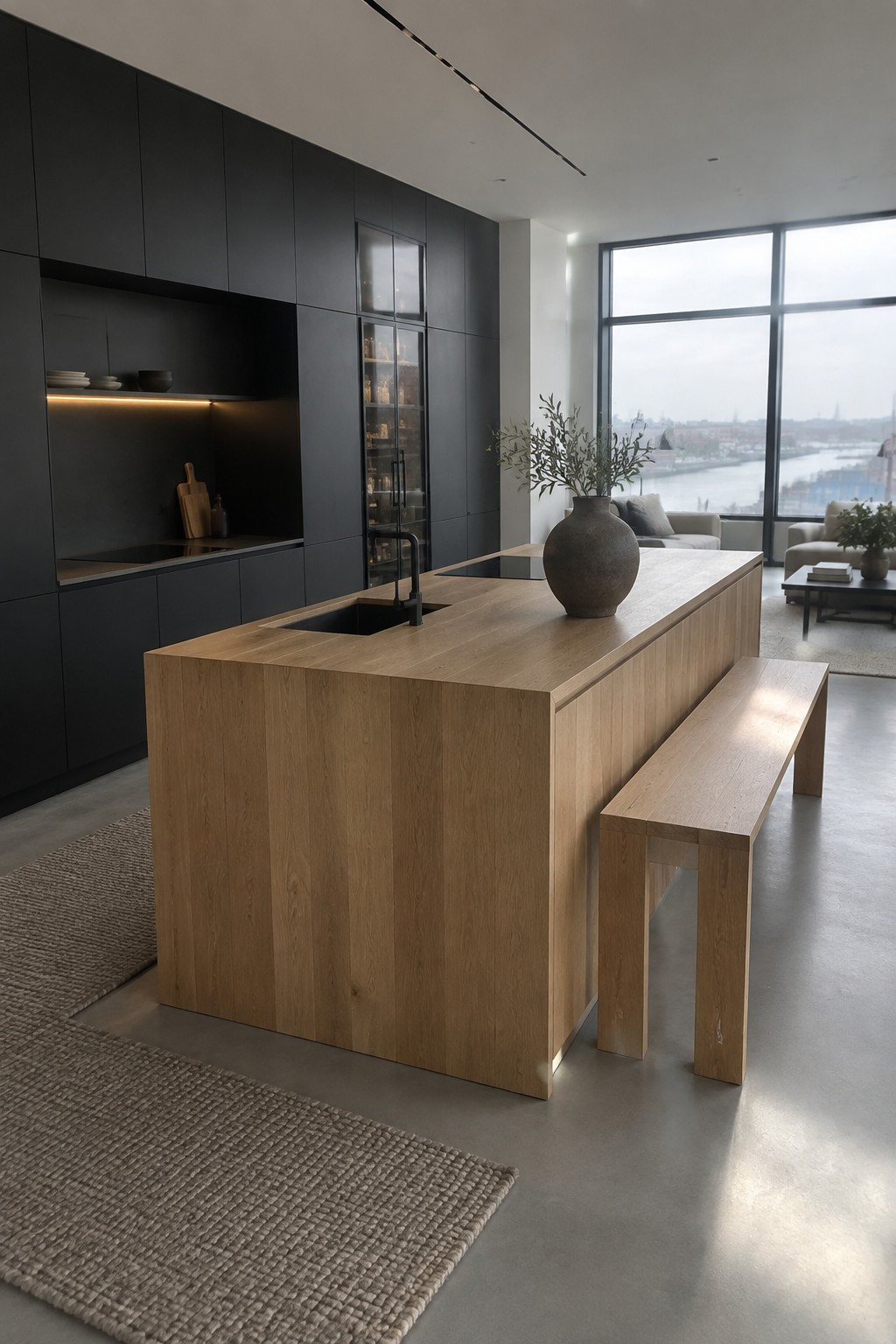 A spacious kitchen with a large light wood island, black cabinetry along the wall, a black sink and faucet, and a matching wood bench beside the island.