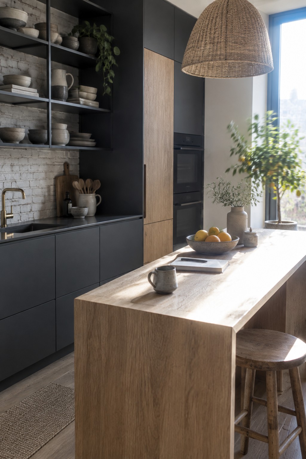 A kitchen with black lower cabinets, a light wood island, open black shelving holding pottery and dishes, and a woven pendant light hanging above the counter.