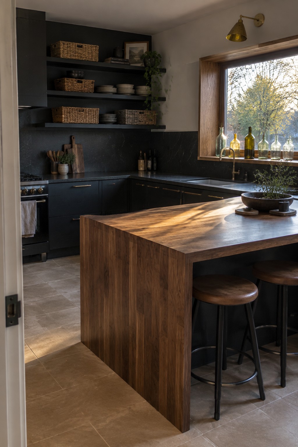 A modern kitchen with matte black cabinets and open shelving, a large wooden island with two leather stools, and a window with glass bottles on the sill.