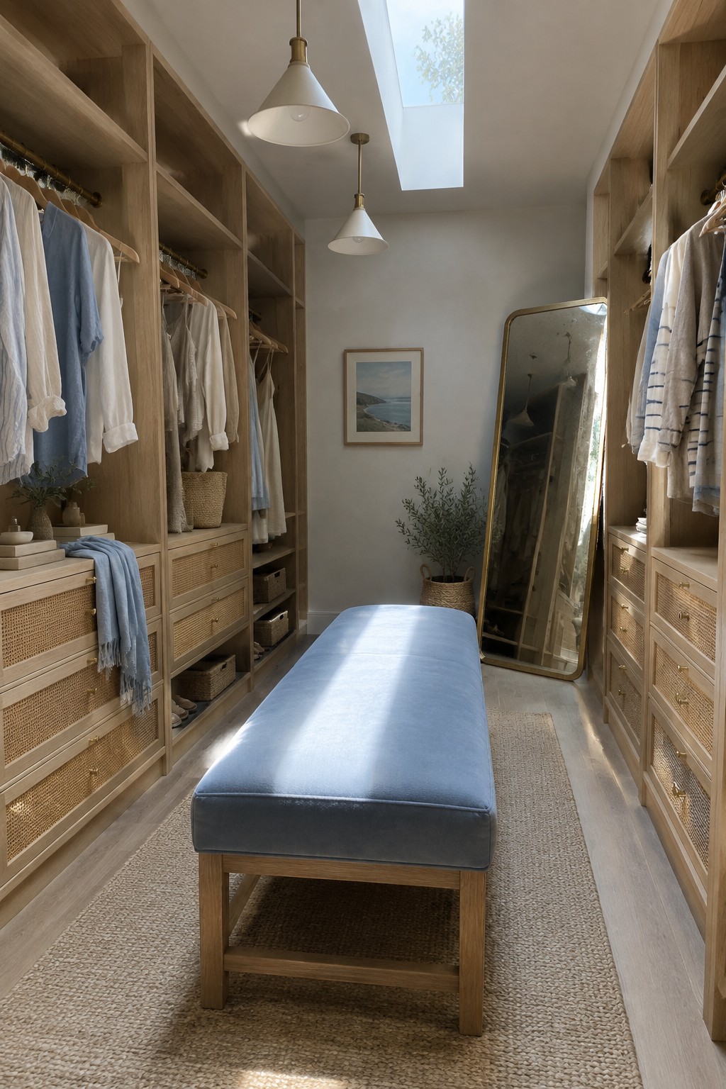 A narrow walk-in closet with light wood built-in shelving and drawers on both walls, a blue upholstered bench centered on a woven rug, hanging clothes, a leaning mirror, and a skylight above.