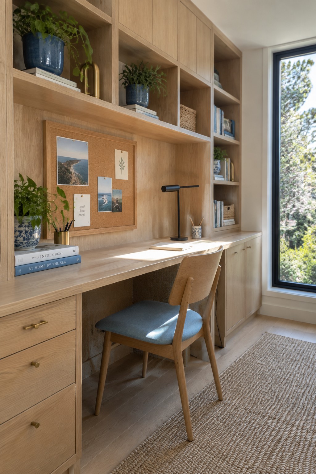 A light wood built-in desk and shelving unit with a blue upholstered chair positioned in front of it.