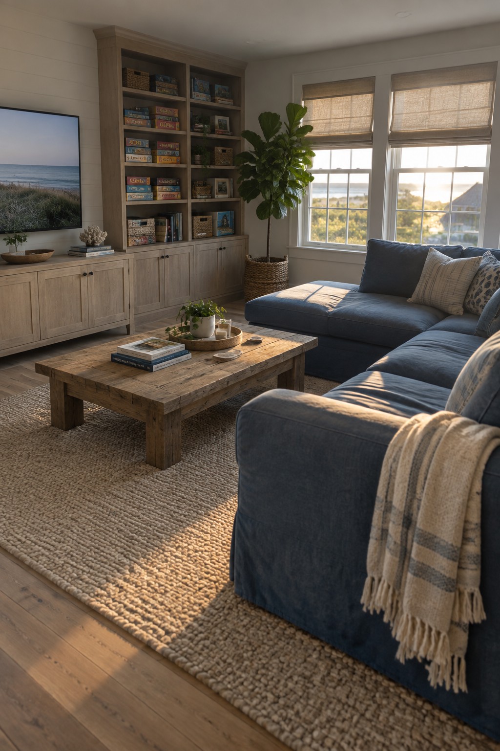 A living room with a blue sectional sofa, light wood built-in shelving unit filled with books and baskets, a wooden coffee table on a woven rug, and large windows with shades.