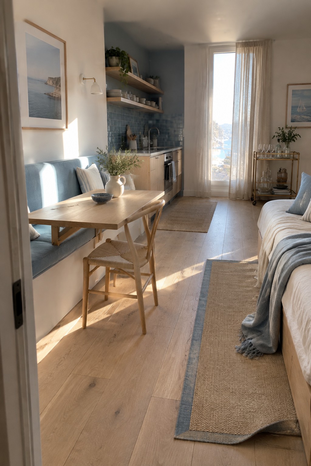 Bright coastal studio with wooden dining table, blue bench, kitchenette, bed, and sea-view window.