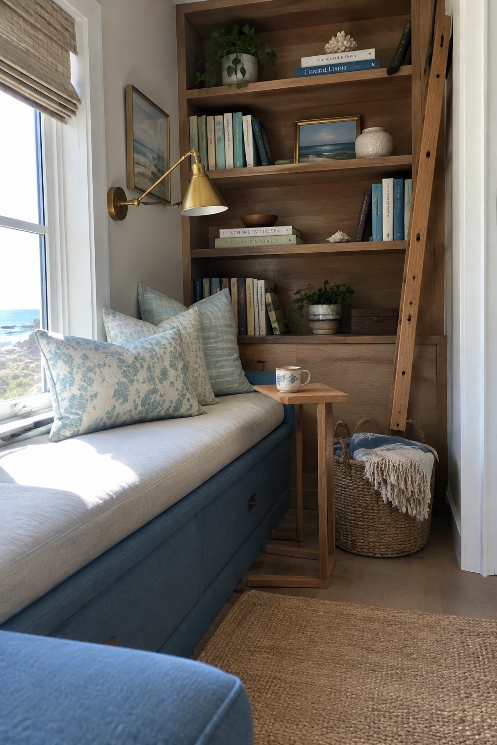 Cozy blue window seat with floral pillows beside wooden bookshelves and ocean view.
