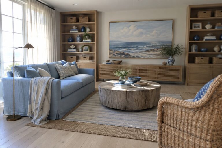 18 Elegant Coastal Interiors Using Light Wood and Soft Blue Accents A living room featuring a light blue sofa, light wood console and round coffee table, striped area rug, and large coastal painting on the wall.