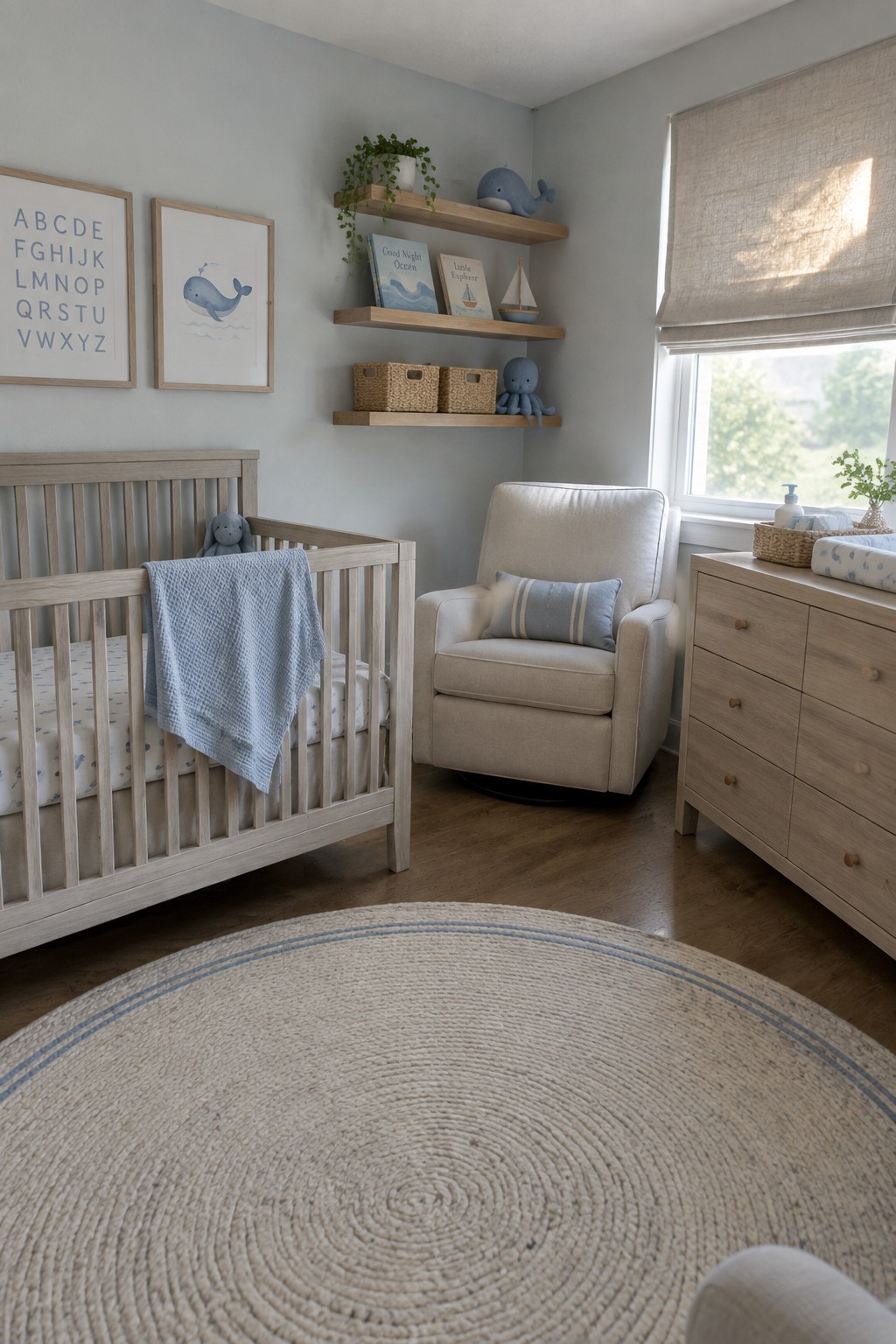 A bright nursery with light wood crib, dresser, and shelves, a beige swivel chair with a blue pillow, and soft blue accents on the rug and decor.