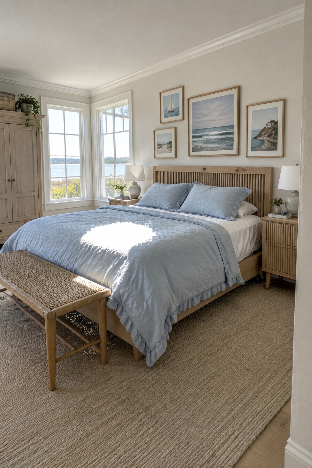 A bedroom with a light wood bed made with soft blue bedding, a woven bench at the foot, matching nightstands, and framed coastal prints on the wall.