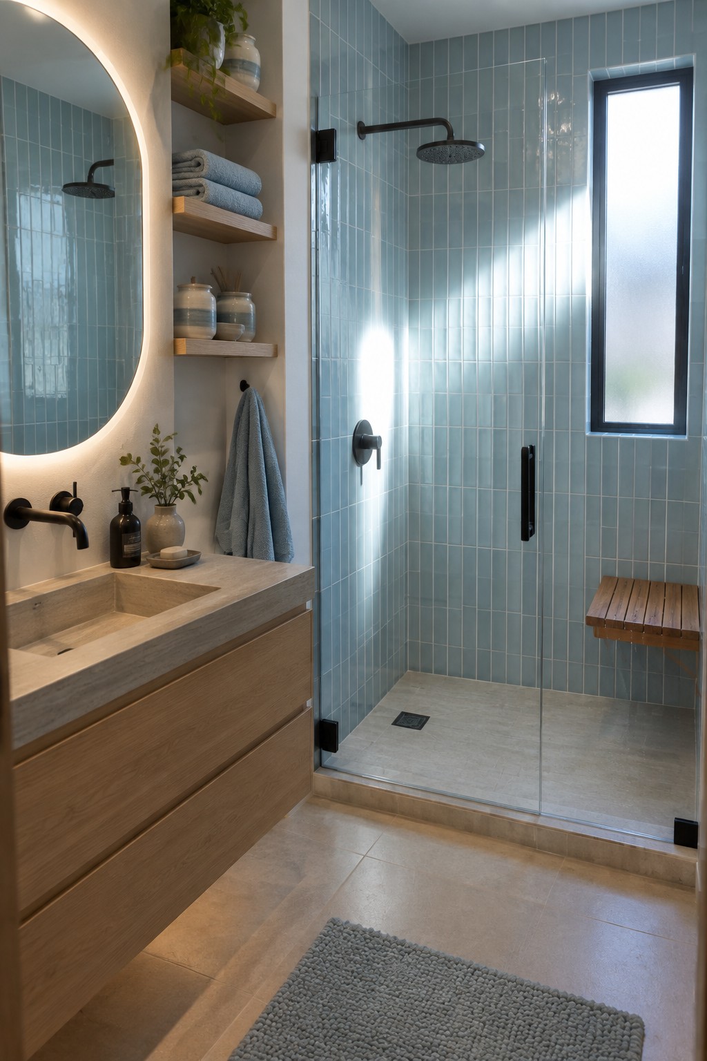 A bathroom with a floating light wood vanity, round backlit mirror, and a glass shower enclosed by soft blue vertical tile.