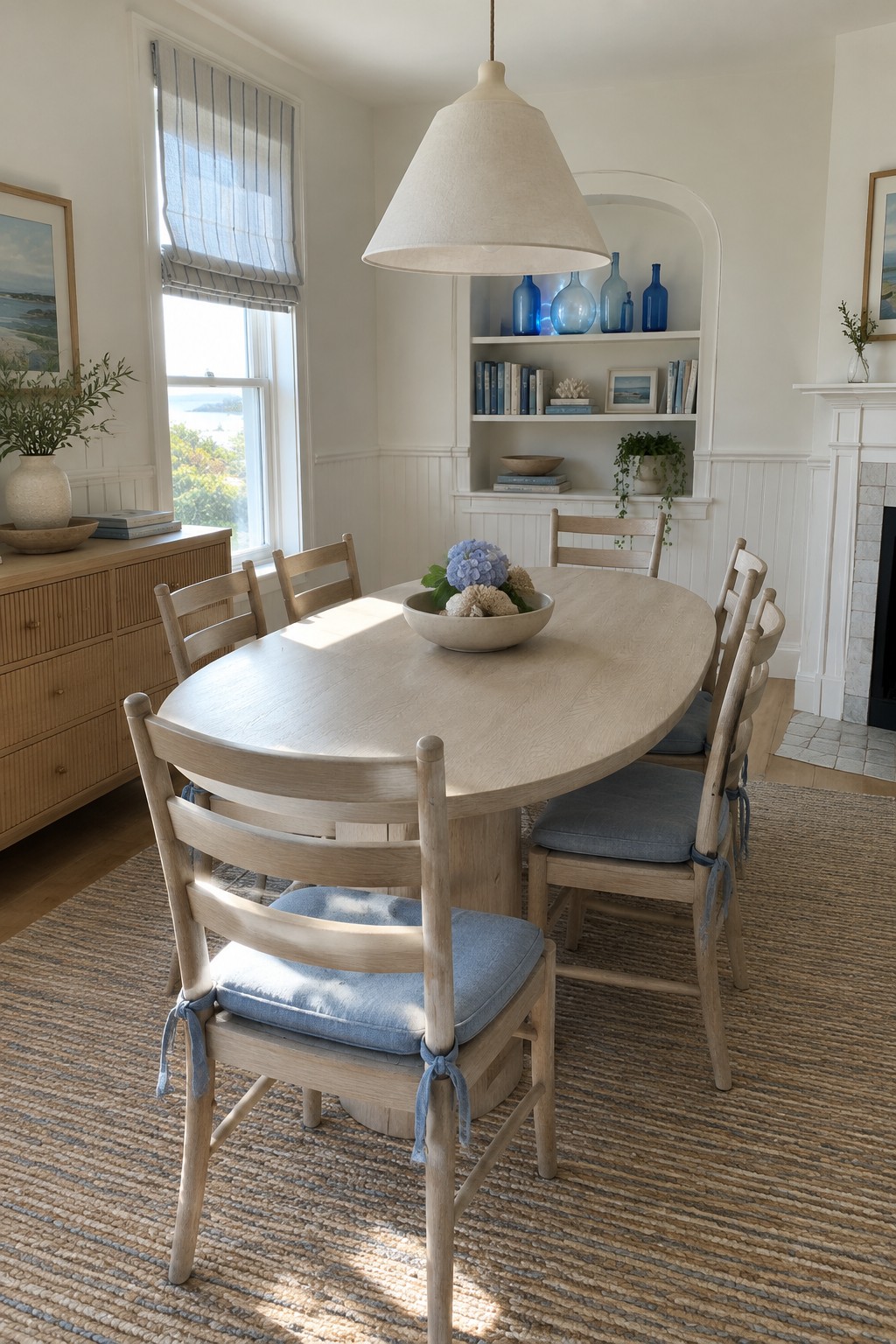 A light wood oval dining table with matching chairs that have blue fabric cushions sits on a woven rug inside a bright room with white walls and built-in shelves holding blue glass bottles.