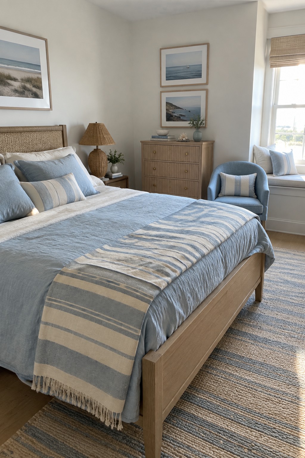 Cozy bedroom with light wood bed, blue striped linens, dresser, blue chair, and ocean prints.