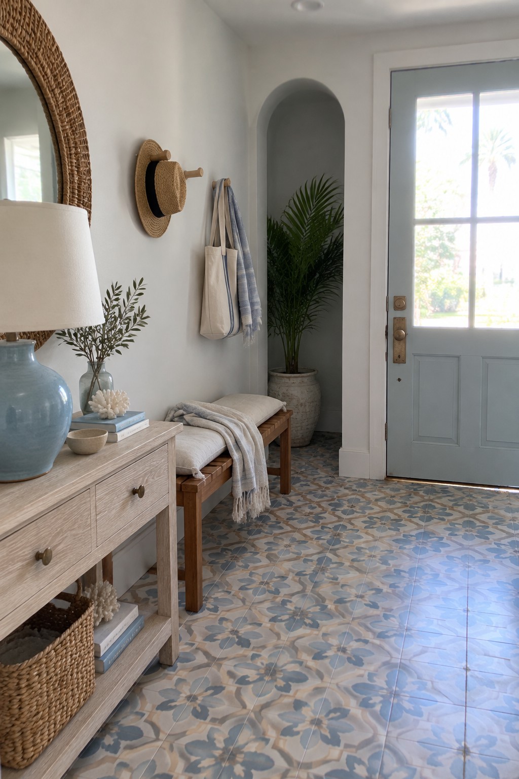Bright coastal foyer with blue door, patterned tile floor, wooden bench and console.