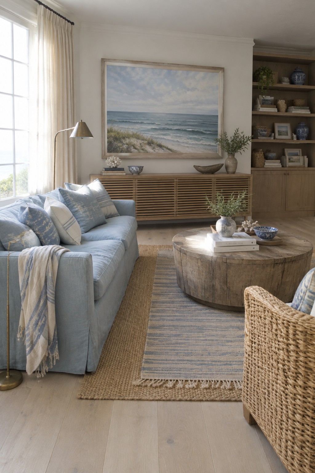 A living room featuring a light blue sofa, light wood console and round coffee table, striped area rug, and large coastal painting on the wall.