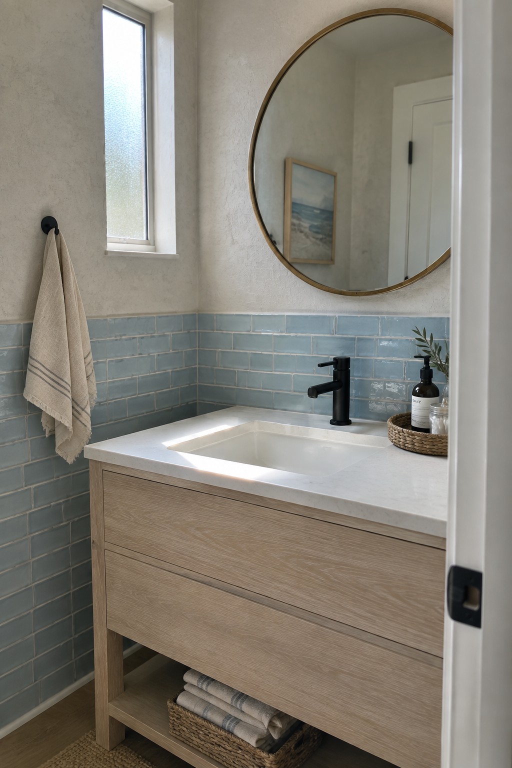 A bathroom vanity featuring light wood cabinetry, a white marble countertop, black faucet, and blue subway tile backsplash beneath a round mirror.