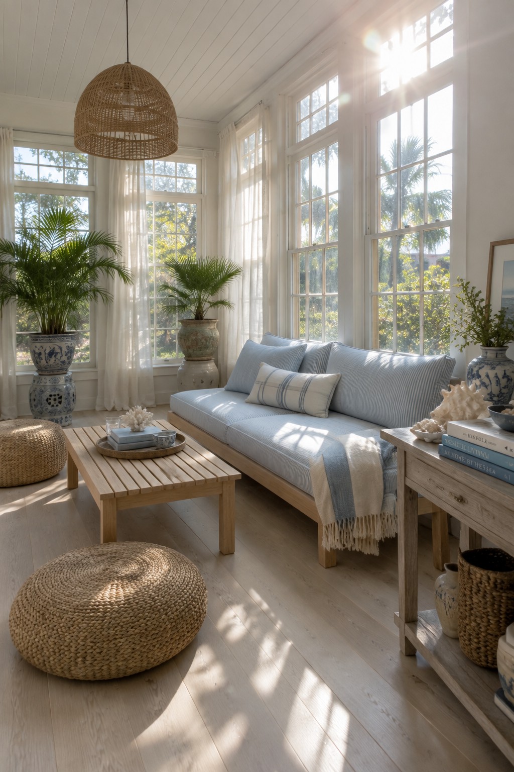 A sunlit interior room with a light wood daybed featuring blue striped cushions, a matching wooden coffee table, woven floor cushions, potted plants, and large multi-paned windows.