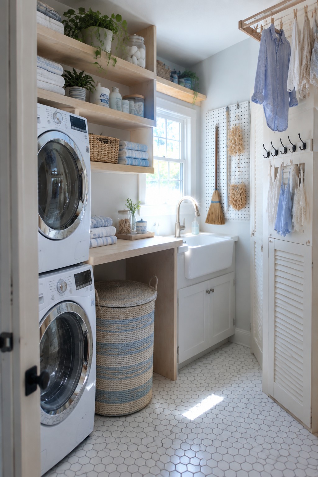 Bright laundry room with stacked white washers, sink, wooden shelves, pegboard, and hanging clothes
