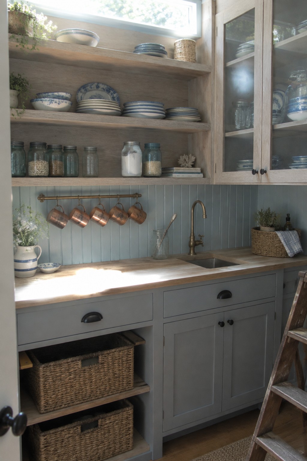A kitchen interior showing light wood open shelves above gray-blue beadboard and cabinets, with copper mugs hanging on the wall and woven baskets below the counter.