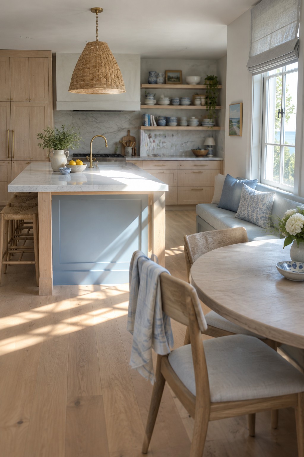 Bright coastal kitchen with marble island, woven pendant, and ocean-view window seat