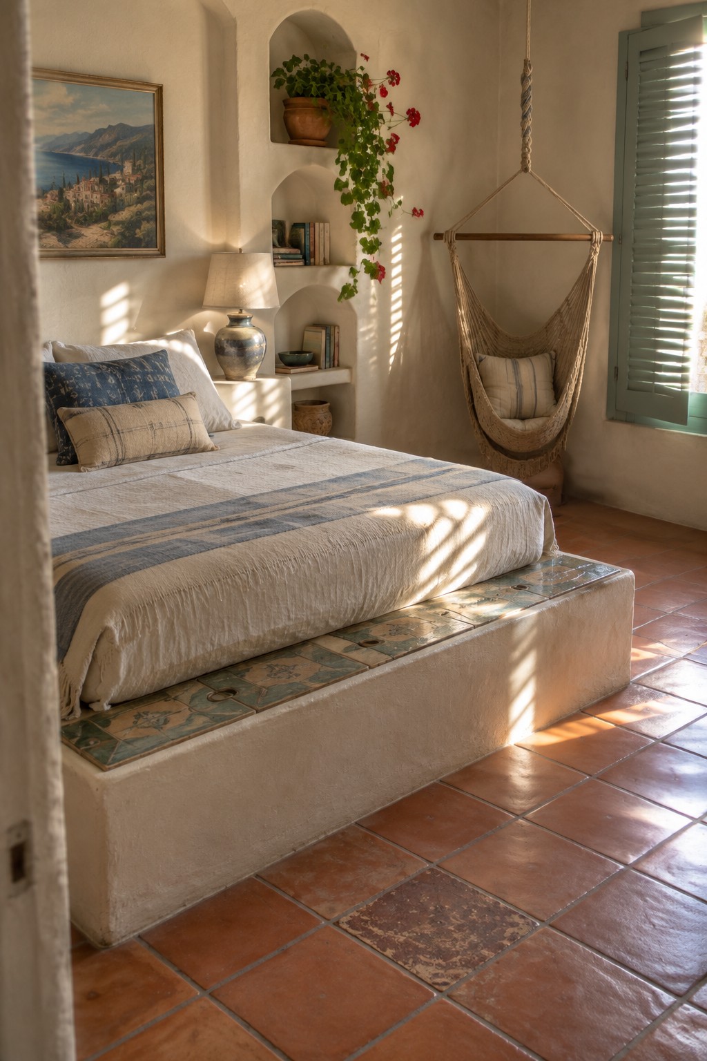 A bedroom featuring a bed on a raised tiled platform base with built-in wall niches holding books and a hanging chair near a window.
