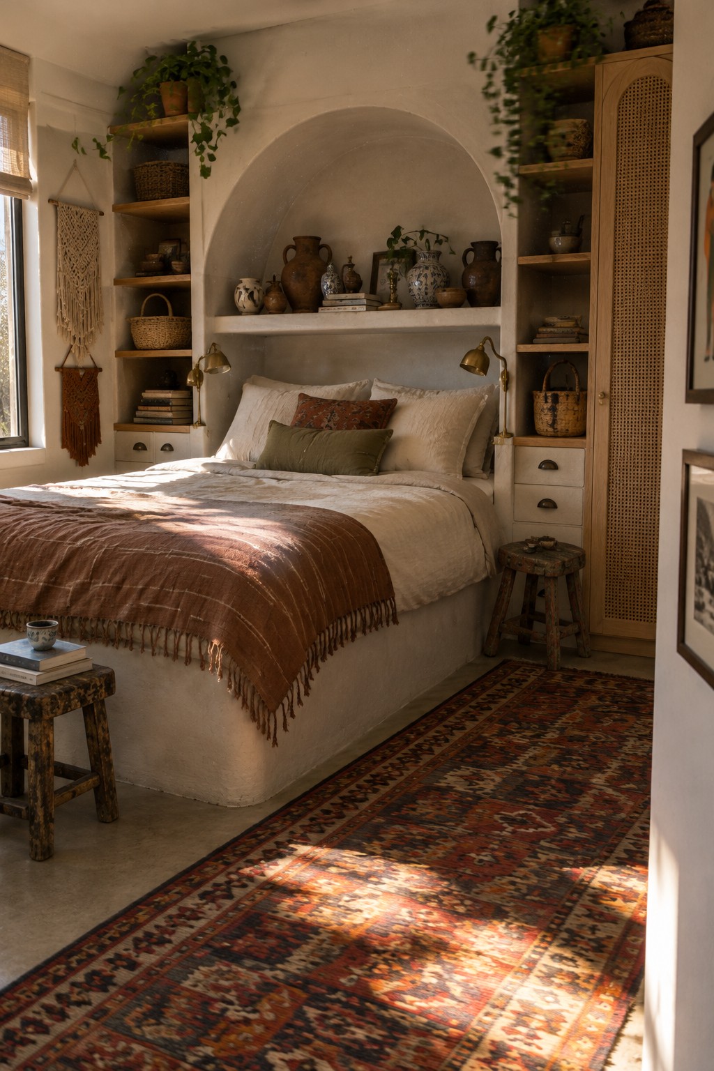 A bedroom featuring a bed set into a white arched alcove with built-in wooden shelves holding books and ceramic vases, beside a tall wooden storage cabinet with rattan doors.