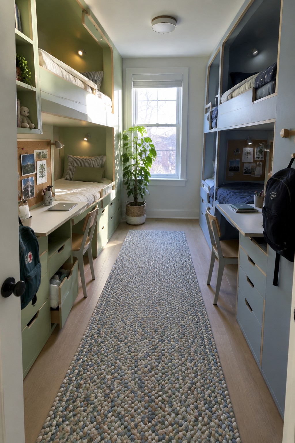 A narrow bedroom featuring built-in green bunks on the left and blue bunks on the right, each with an integrated desk, chair, and storage drawers, plus a long pebble-patterned rug between them.