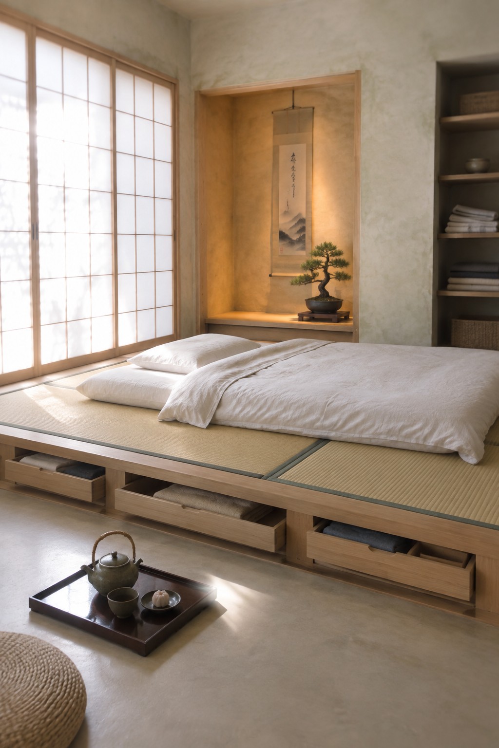 A Japanese-style bedroom with a low wooden platform bed on tatami mats, built-in storage drawers in the base, shoji screens, and a recessed alcove holding a bonsai and hanging scroll.