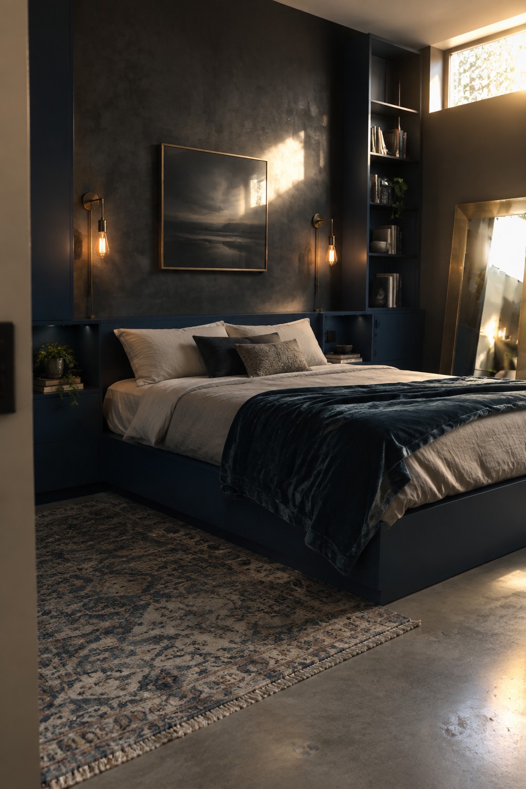 A bedroom with a bed set against a dark blue built-in wall unit that includes open shelves, cabinets, and wall sconces, with a large patterned rug on the floor.