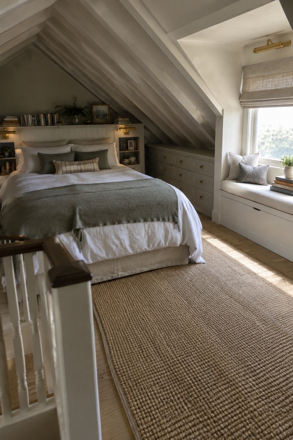 Cozy attic bedroom with white bed, green throw, slanted ceiling, and woven rug
