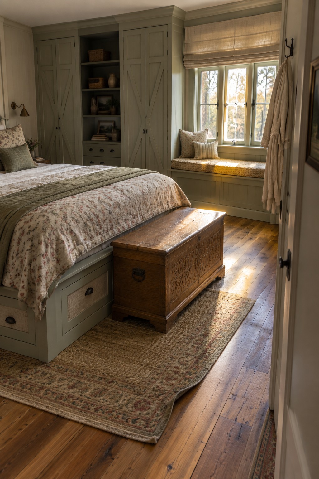 A bedroom with sage green built-in cabinets along one wall, a bed with floral bedding, a wooden storage chest at the foot, and a window seat under three windows.