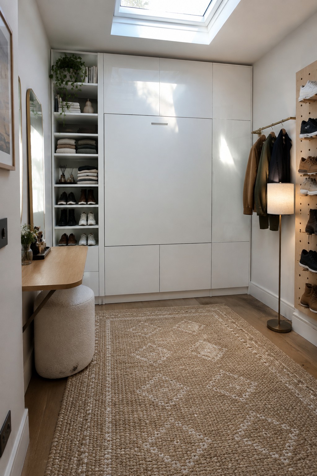 A narrow bedroom with tall white built-in cabinets, open shelving, a pegboard with jackets and shoes, a wooden desk, and a beige rug on wood flooring.