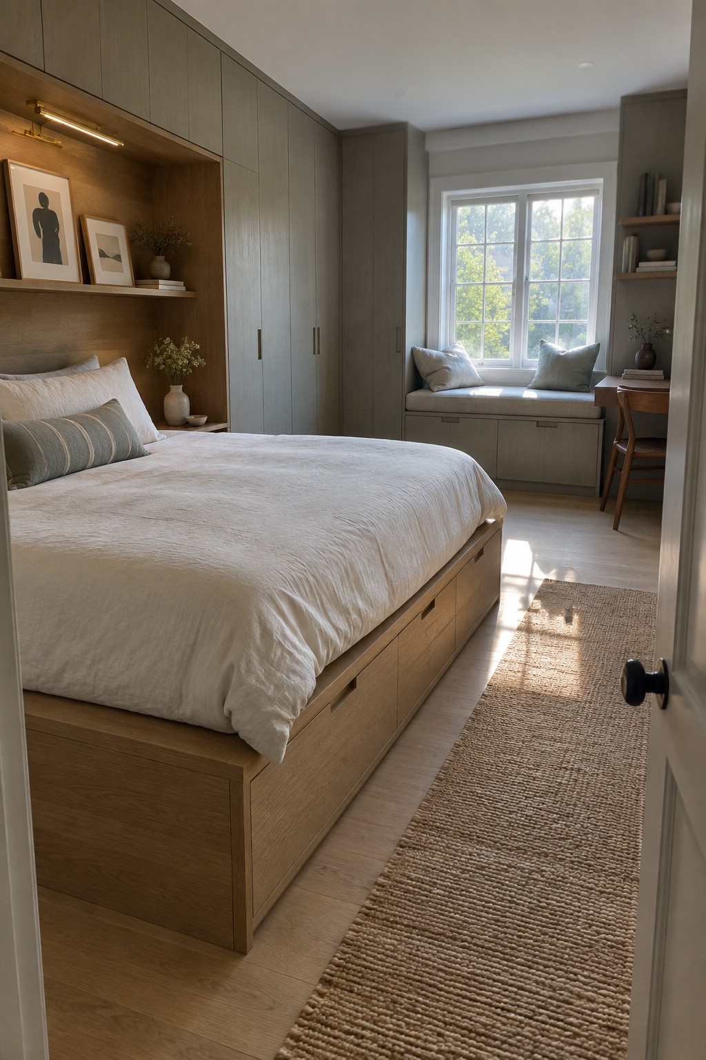 A light-filled bedroom with a wooden platform bed featuring built-in drawers, a cushioned window seat with storage below, and built-in cabinetry along the walls.