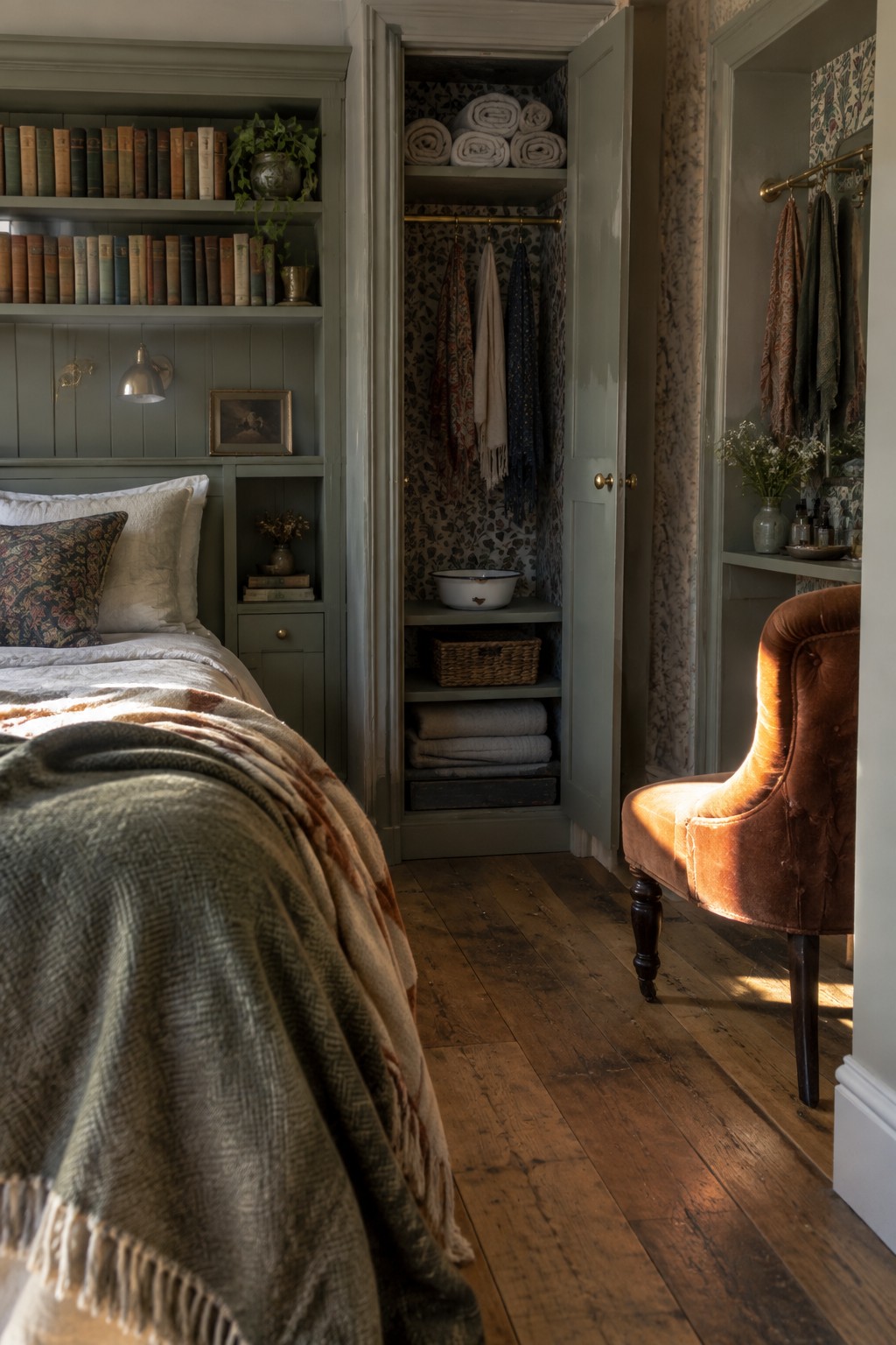 A bedroom with sage green built-in bookshelves above the bed and an open closet with hanging space, shelves, and drawers beside it.