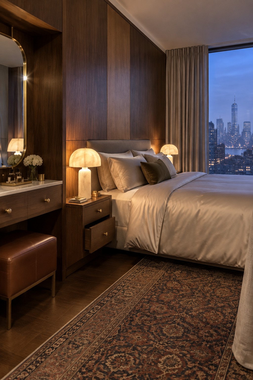 A bedroom with a large bed against dark wood built-in wall panels that include integrated nightstands and lamps, plus a window showing a city skyline at dusk.