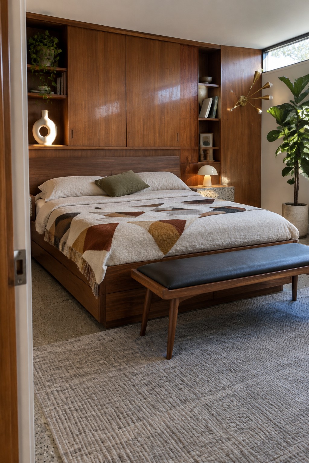 A bedroom with a low wooden platform bed against a wall of built-in wooden cabinets and open shelves, a black leather bench at the foot of the bed, and a large woven rug on the floor.