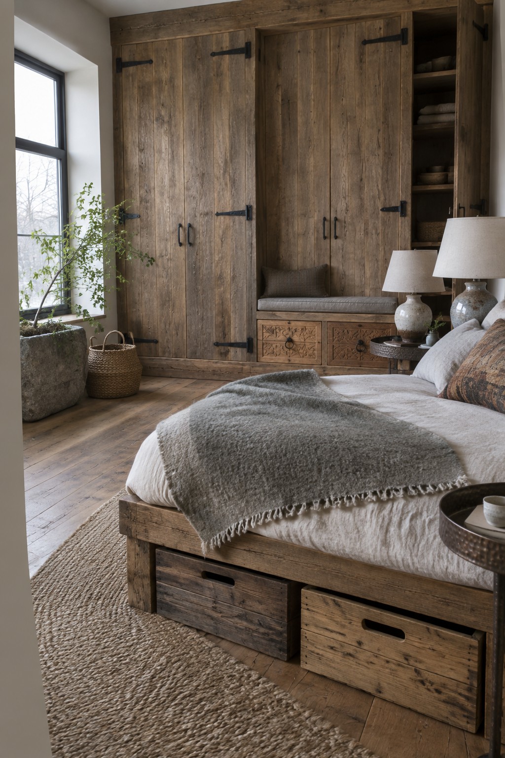 A bedroom featuring a rustic wooden bed with white and gray bedding, flanked by tall built-in wooden cabinets with black hardware, a cushioned bench seat, and under-bed storage drawers.