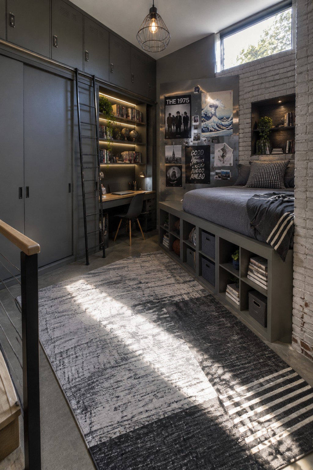 Modern bedroom with gray built-ins, desk, loft bed over storage, and large patterned rug