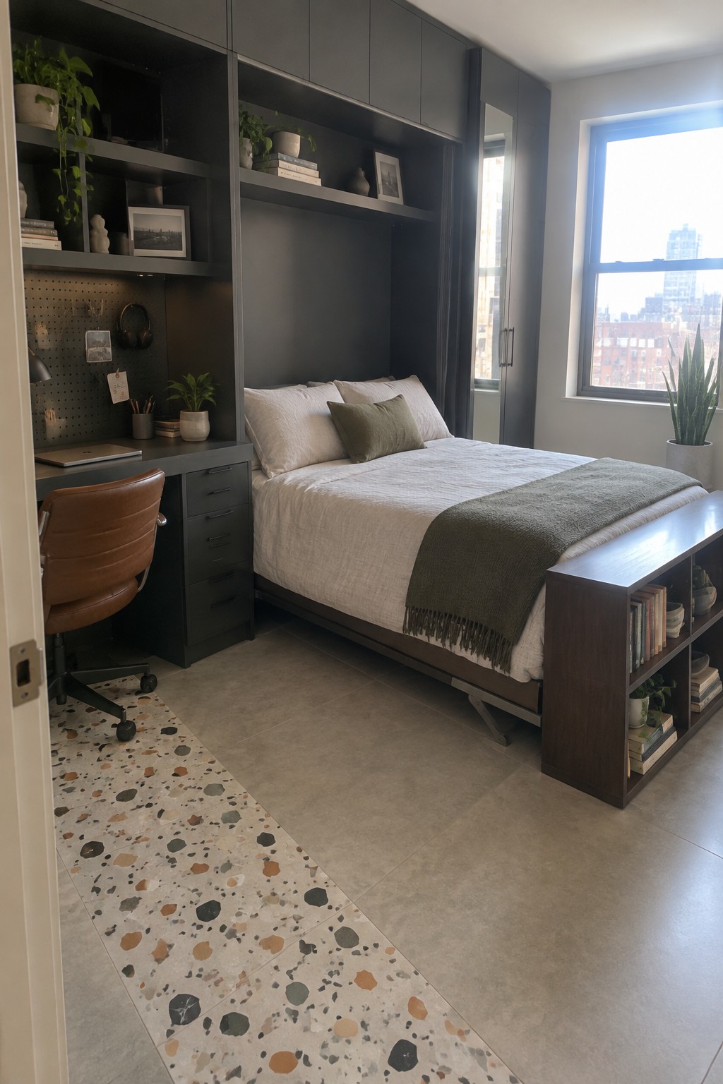 A bedroom with a bed centered beneath dark built-in cabinets and shelves, a desk nook with chair on the left, and a large window on the right.