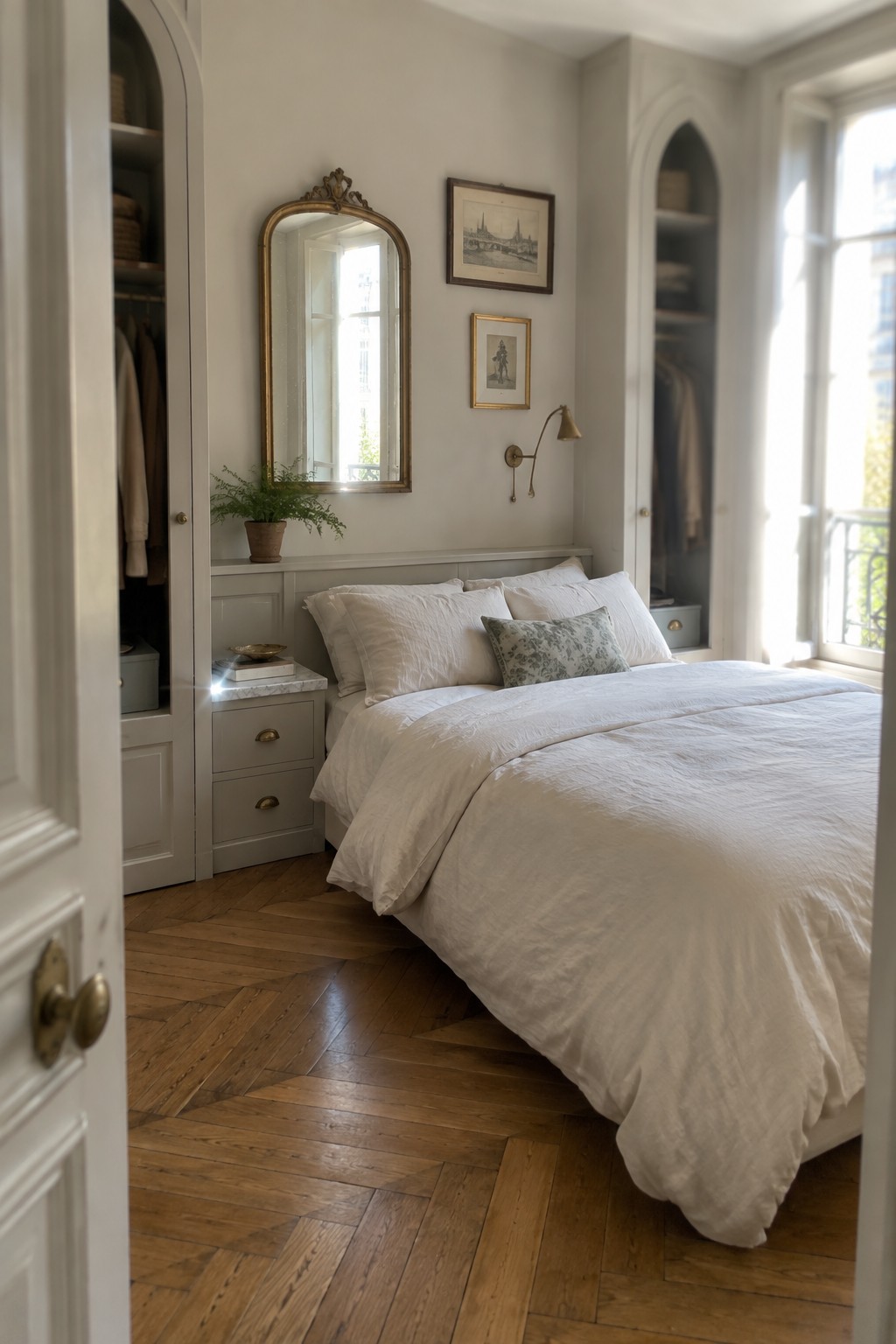 A bedroom with white built-in arched wardrobes flanking a bed dressed in white linens, set against pale walls with a herringbone wood floor.
