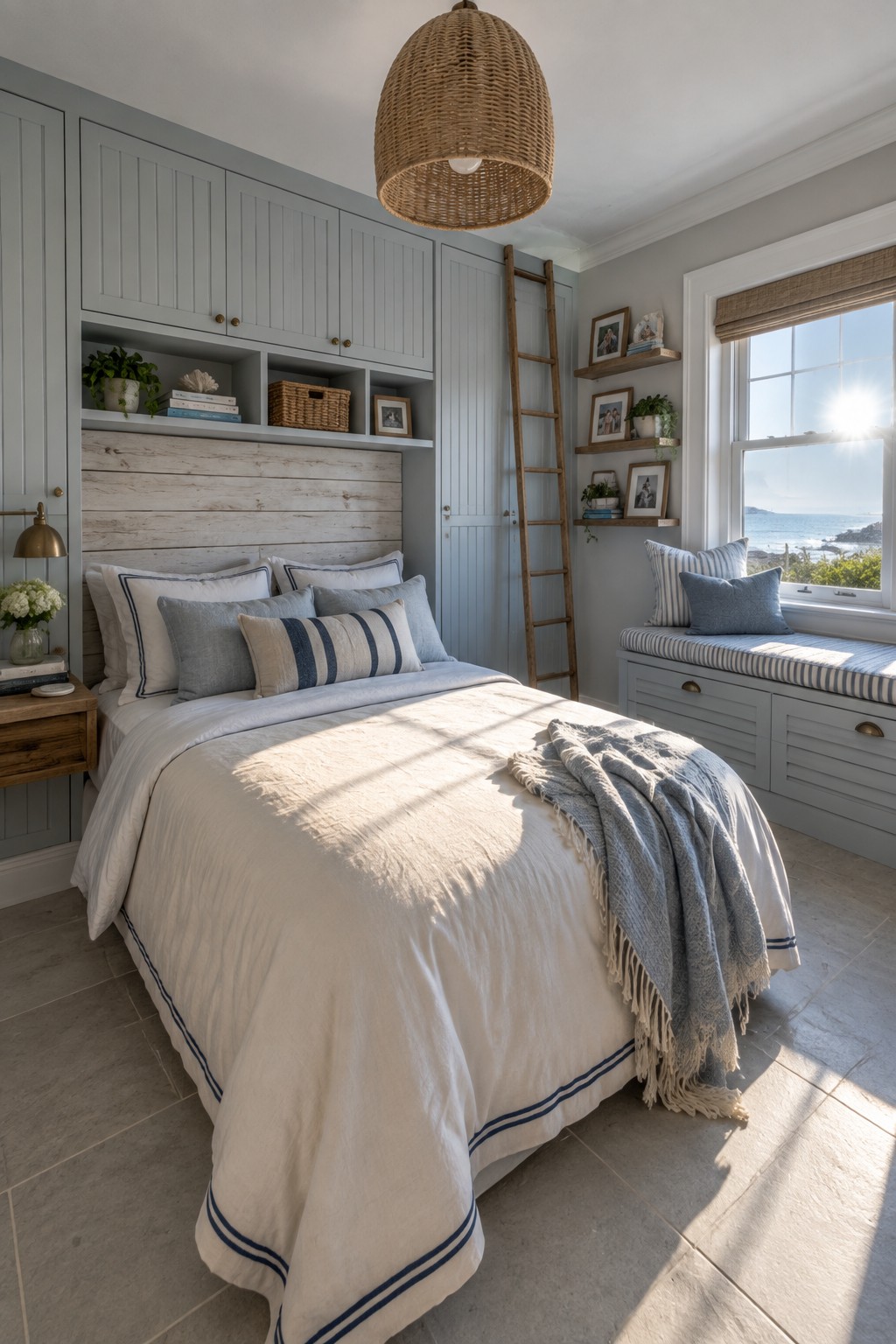 A bedroom featuring light blue built-in cabinets above a bed with white and blue bedding, a wooden ladder against the wall, and a window seat with blue and white striped cushions.