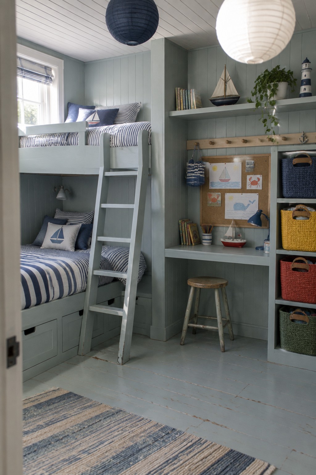 Nautical bunk bedroom with blue striped bedding, ladder, desk, and sailboat decor.