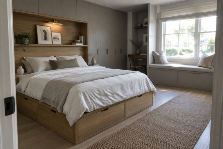 A light-filled bedroom with a wooden platform bed featuring built-in drawers, a cushioned window seat with storage below, and built-in cabinetry along the walls.