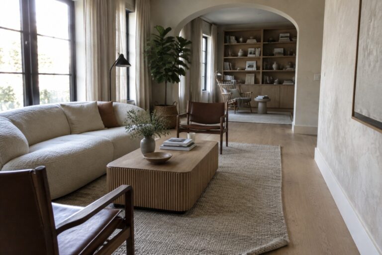 18 Long Living Room Layout Ideas With Zoned Seating Areas A long living room with a beige sectional sofa on the left, a wooden coffee table centered on a large jute rug, and two brown leather armchairs on the right, with an arched opening leading to a built-in bookshelf area.